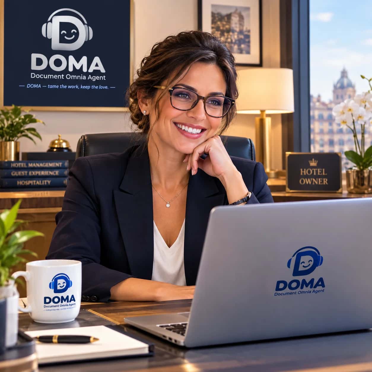 Imprenditrice sorridente alla scrivania, con il portatile e il logo DOMA